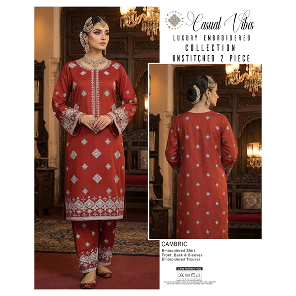 Casual Vibes Embroiderd 2 Piece Unstiched by Darbar Wear - Rust Red